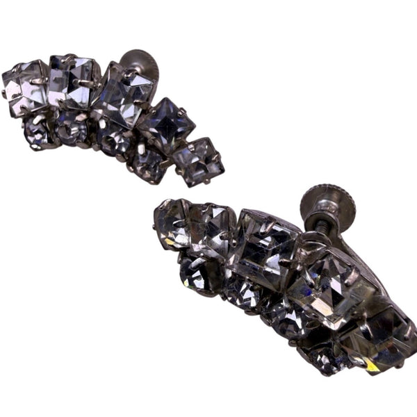 Vintage Womens Silver Tone Rhinestone Cluster Screw-Back Earrings Classic