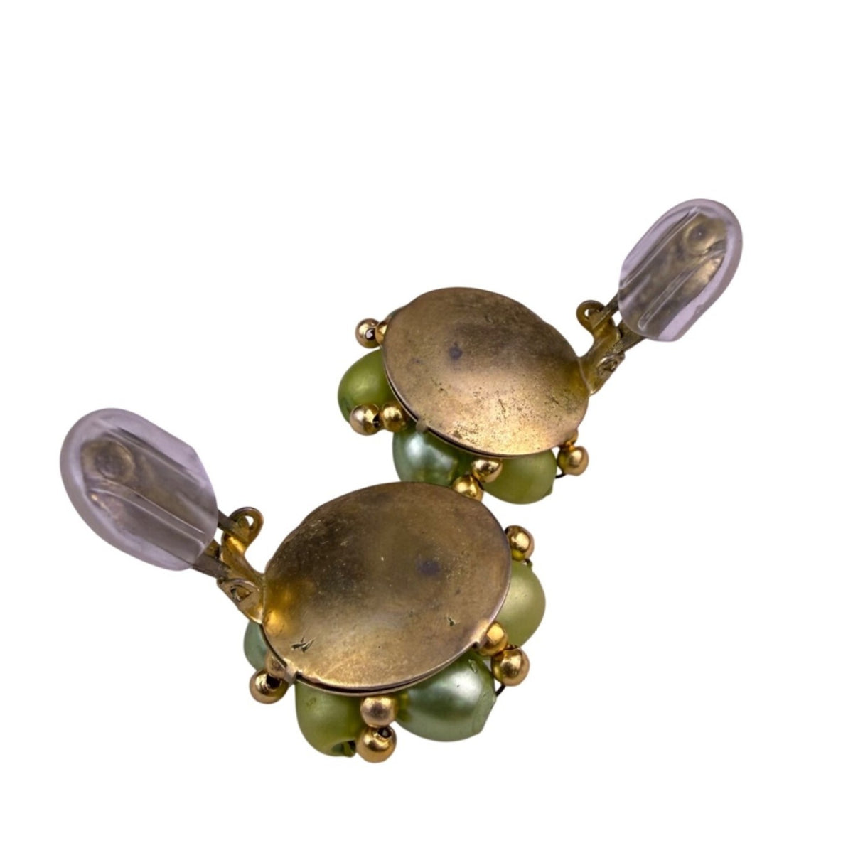 Vintage Womens Green & Gold Tone Beaded 3-Strand Necklace & Clip-On Earrings
