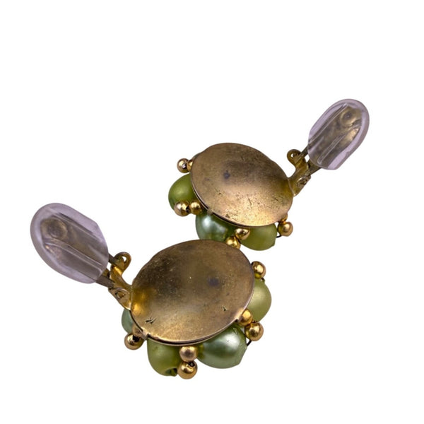 Vintage Womens Green & Gold Tone Beaded 3-Strand Necklace & Clip-On Earrings