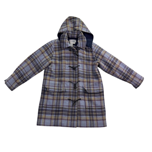 L.L. Bean Womens Plaid Wool-Blend Hooded Toggle Coat Blue/Yellow Sz M
