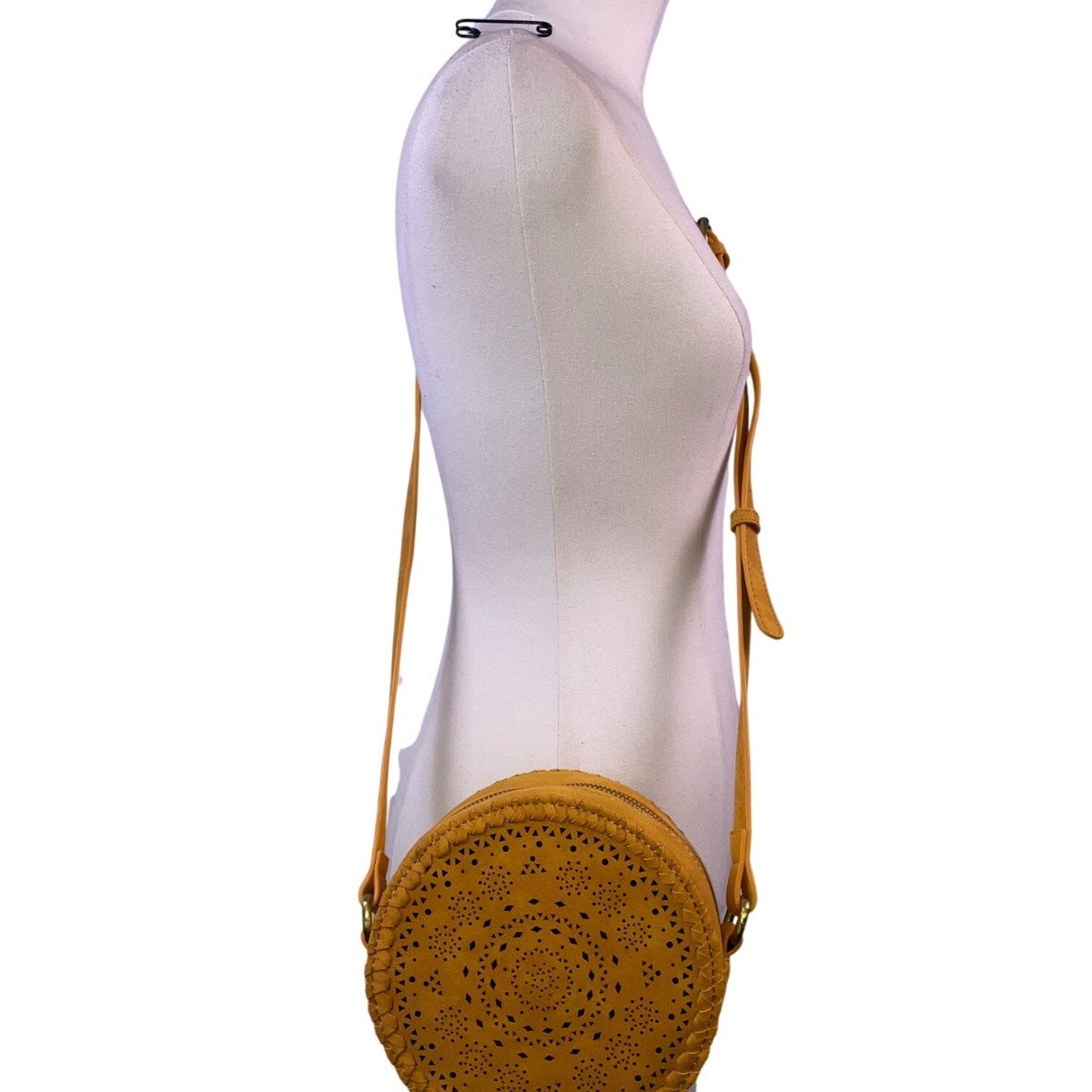 Women’s Mustard Vegan Leather Laser-Cut Adjustable Strap Round Crossbody Bag