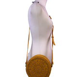 Women’s Mustard Vegan Leather Laser-Cut Adjustable Strap Round Crossbody Bag