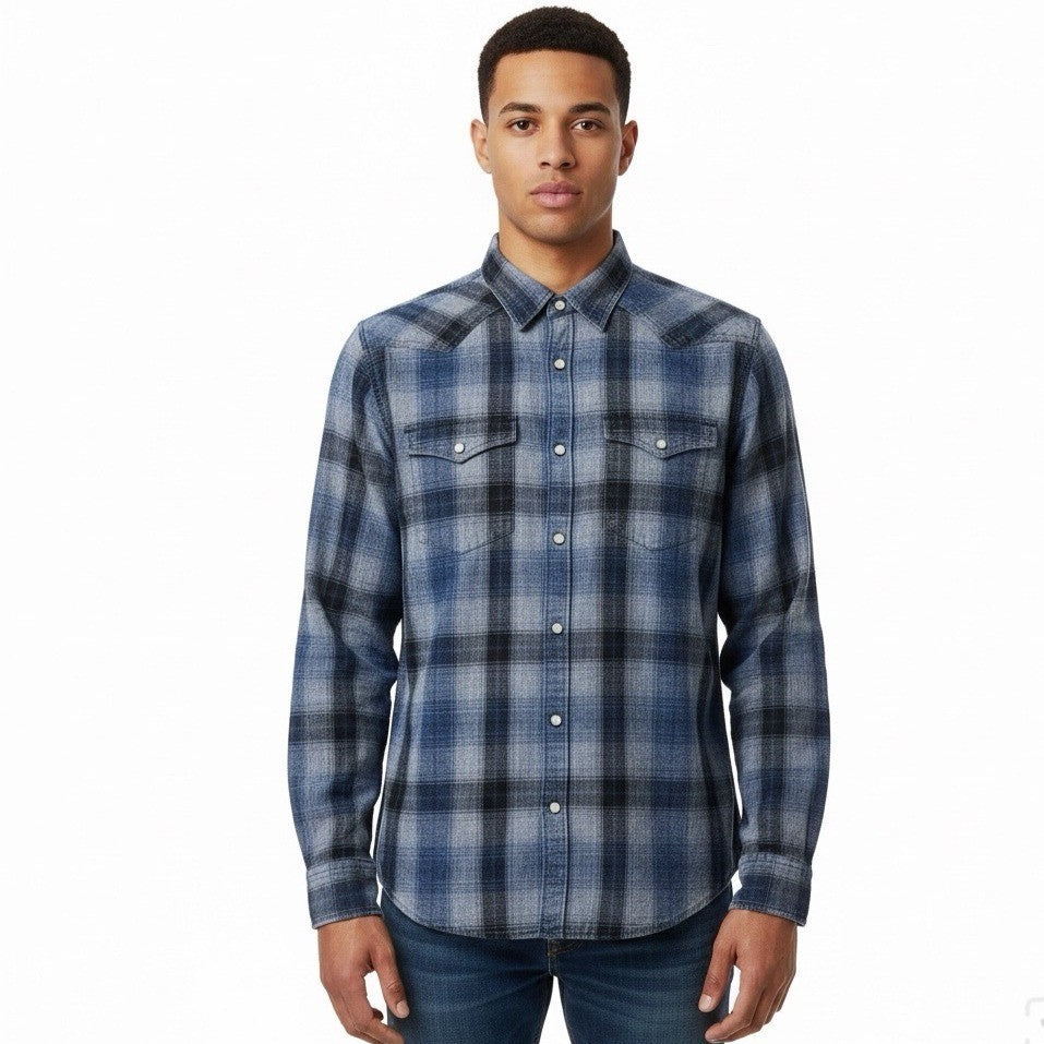 Lucky Brand Mens Blue Cotton Plaid Button-Up Western Shirt Front Pockets Size M