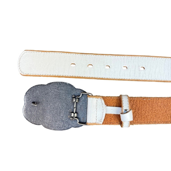 Leather Womens White Belt With Colorful Paisley Buckle Design