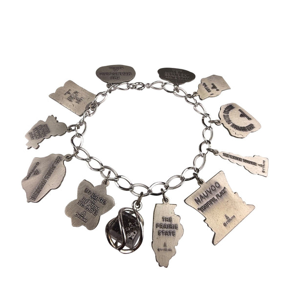 Vintage Silver Tone Illinois Theme Charm Bracelet 10 Charms Unique Collectible