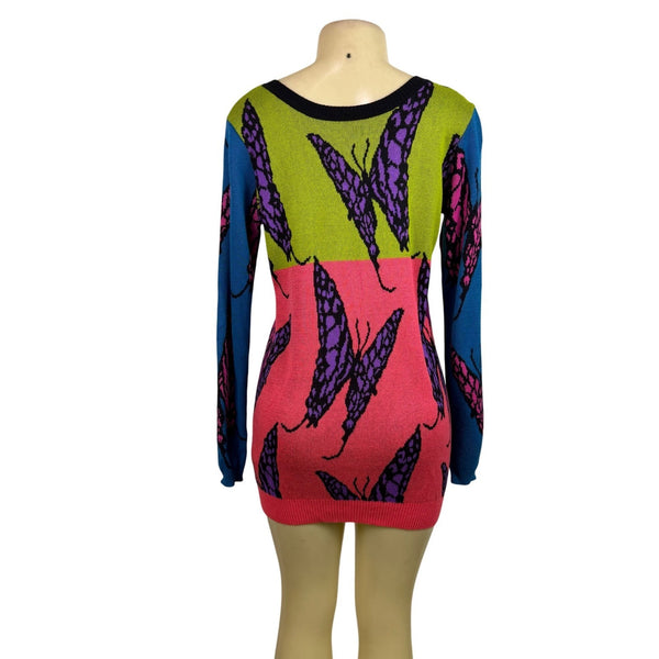 Betsey Johnson Womens Multicolor Butterfly Print V-Neck Sweater Dress Sz M