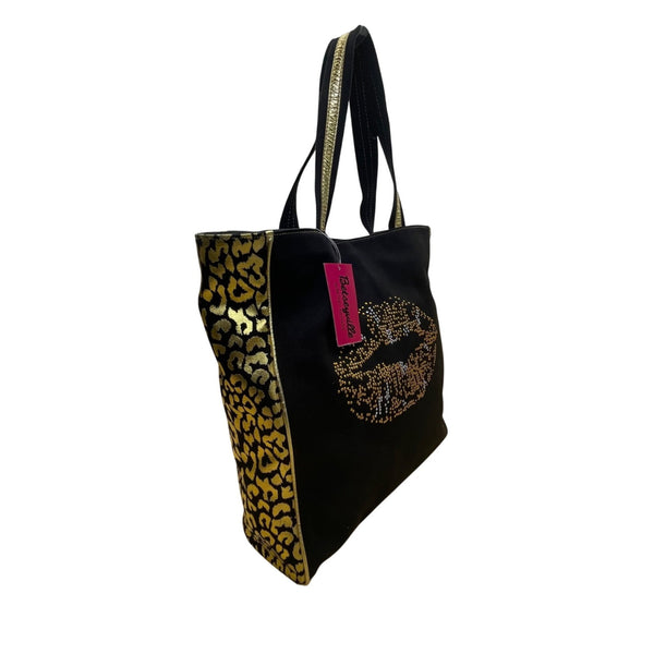 Betseyville Women’s Black Canvas & Gold-Toned Blingin Lips Rhinestone Tote Bag