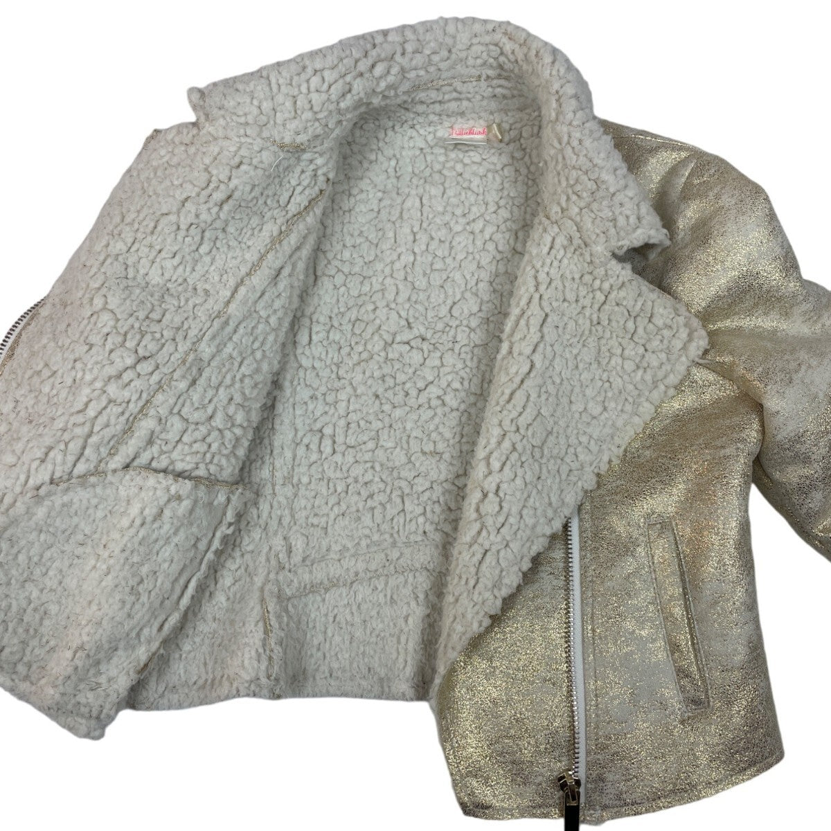 Billieblush Girls Gold Shearling Biker Jacket With Asymmetrical Zip Closure