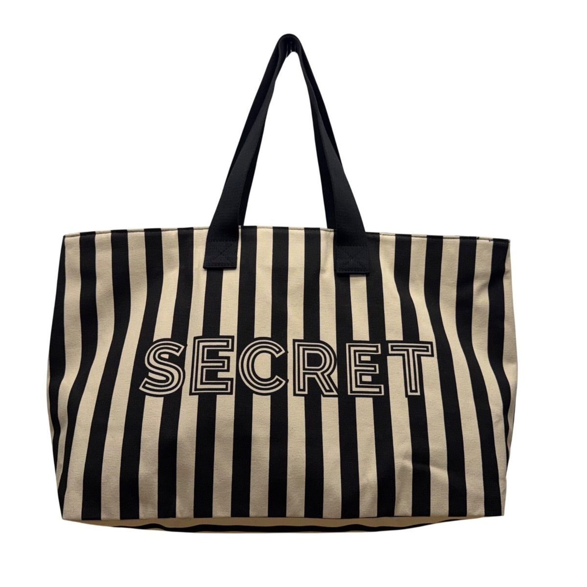 Victorias Secret Women’s Black & Cream Canvas Striped Signature Logo Tote Bag