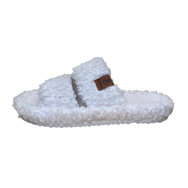EverFoams Women’s White Fuzzy Cozy Dual Straps Slide Sandals Size 5-6