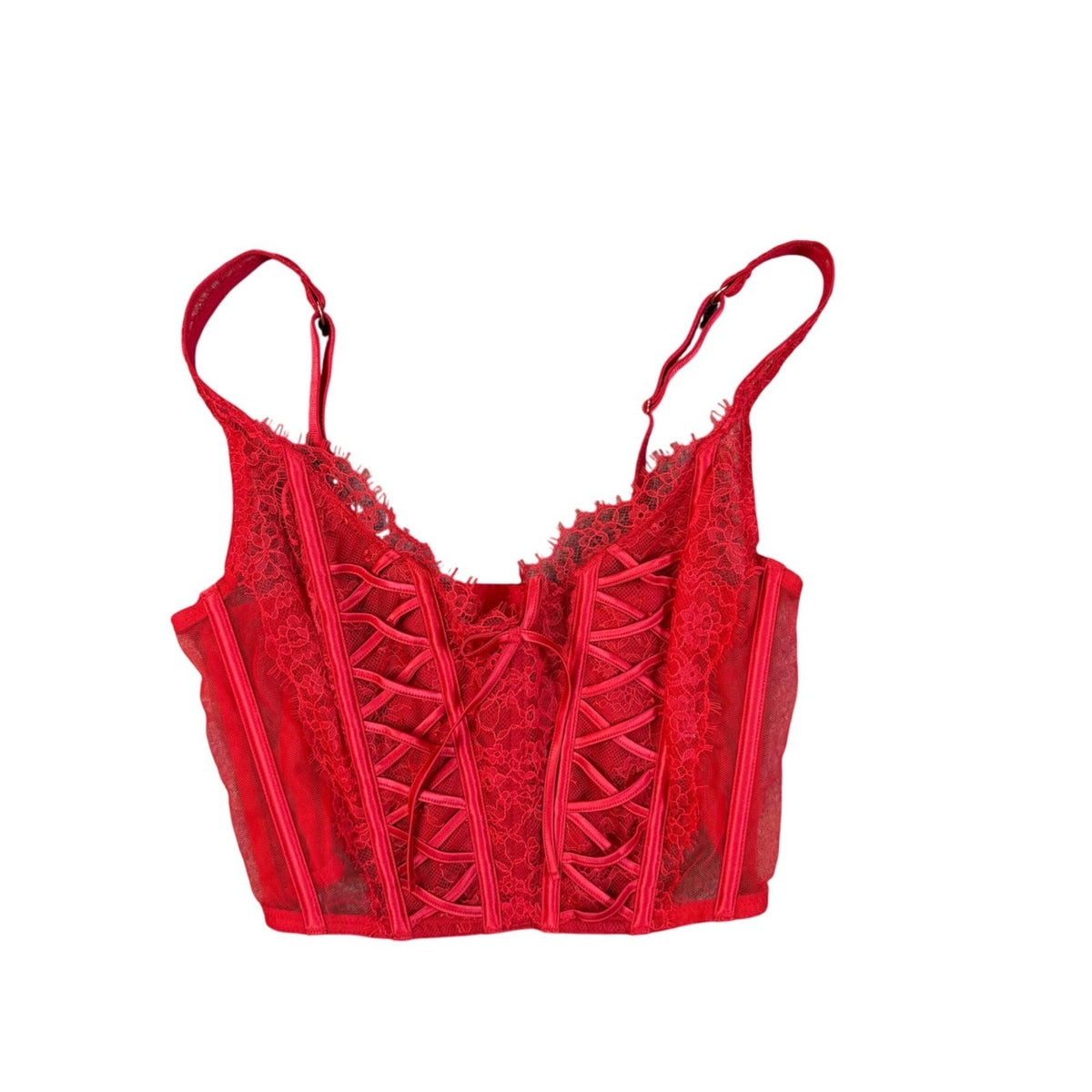 Victorias Secret Womens Red Lace Corset Top Adjustable Straps Hook Back Sz S-DD