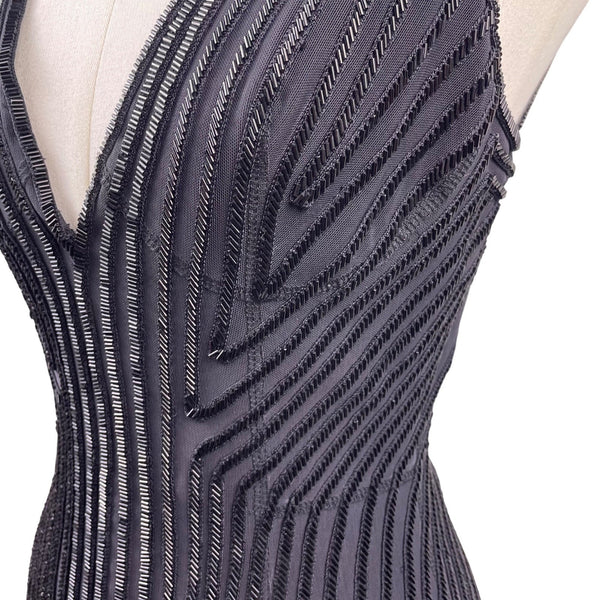 Herve Leger Womens Black Sleeveless Geometric Beaded Dress Evening Wear Sz XS