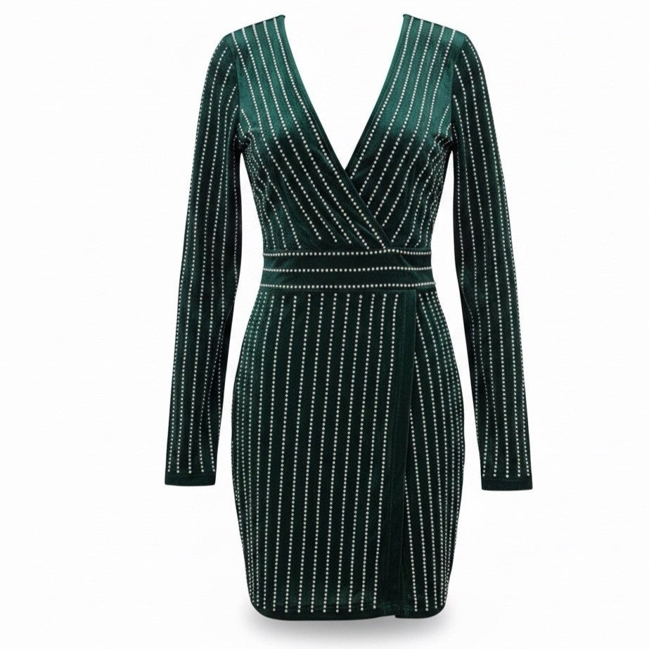 Kikiriki Womens Green Sequin Wrap Dress Long Sleeve V Neck Sparkle Sz M
