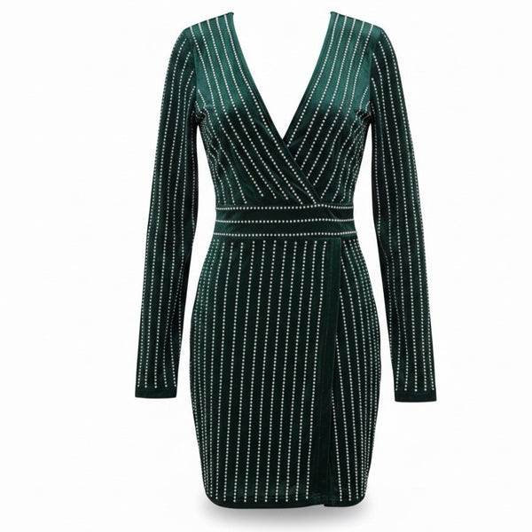 Kikiriki Womens Green Sequin Wrap Dress Long Sleeve V Neck Sparkle Sz M