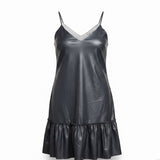 Express Womens Black Faux Leather Ruffle Hem Slip Dress Stylish Outfit Size L