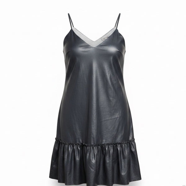 Express Womens Black Faux Leather Ruffle Hem Slip Dress Stylish Outfit Size L