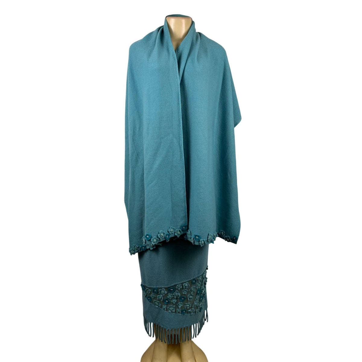 Rickie Treeman Teri Jon Womens Teal Wool Skirt & Scarf Set Fringed Floral Sz XL