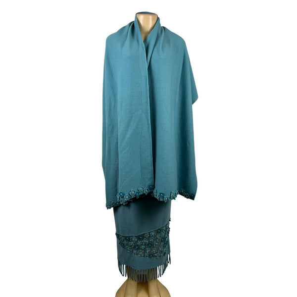Rickie Treeman Teri Jon Womens Teal Wool Skirt & Scarf Set Fringed Floral Sz XL