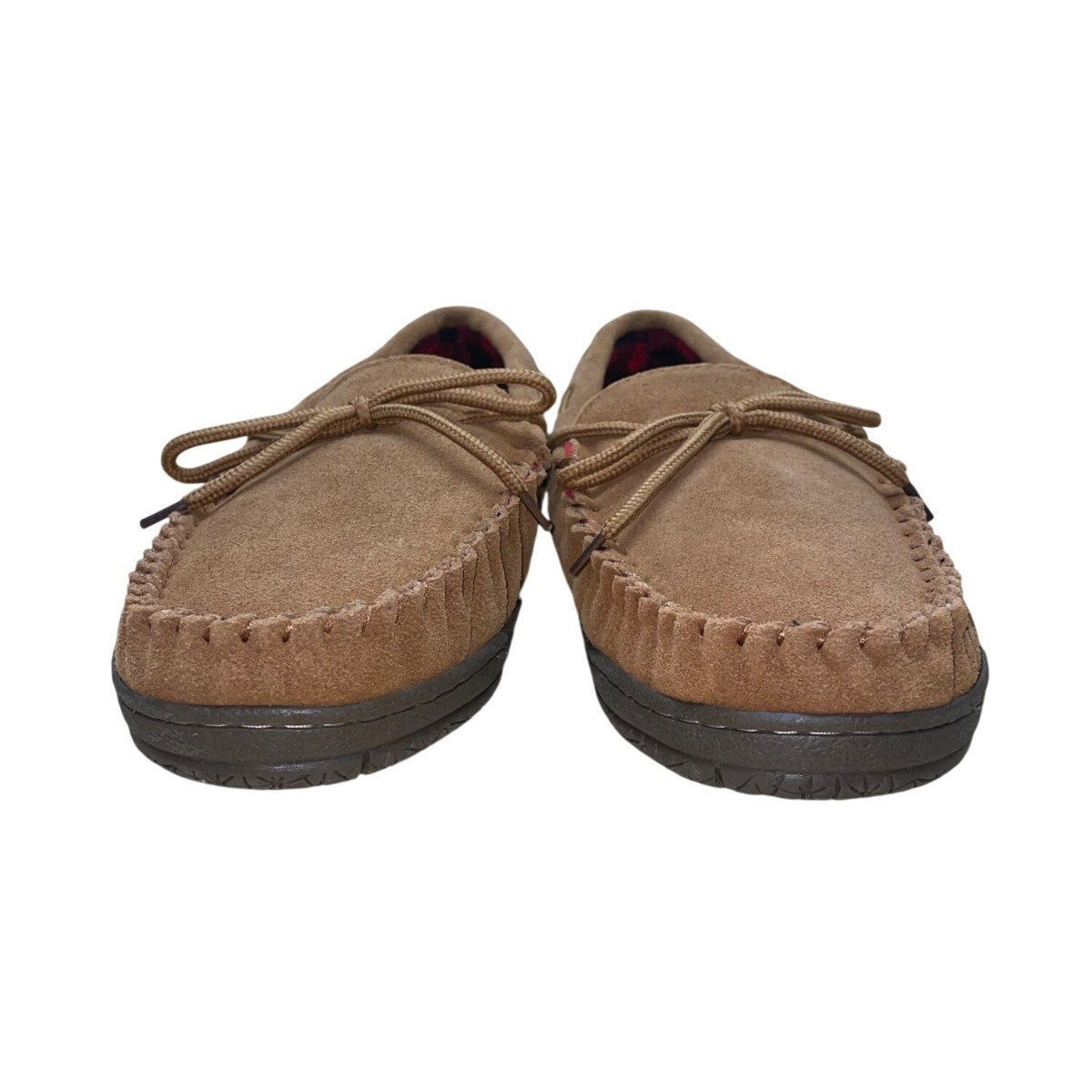 Pedoqu Men’s Brown Suede Red Plaid Flannel Lining Moccasin Slippers Size 9US
