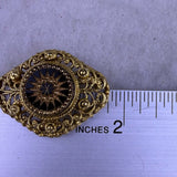 Vintage Unknown Gold Tone Black Glass Filigree Brooch Intricate Design Classic