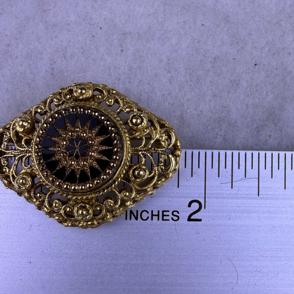 Vintage Unknown Gold Tone Black Glass Filigree Brooch Intricate Design Classic