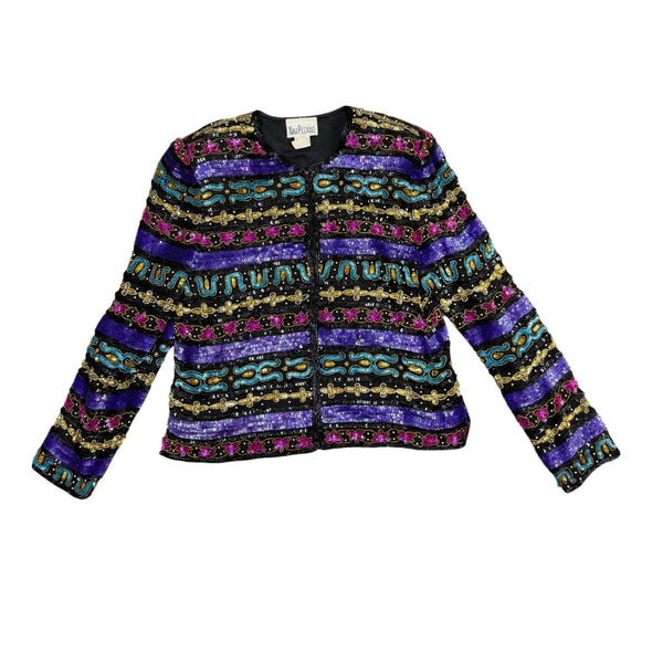 Vintage Nina Piccalino Womens Black Purple Sequin Silk Embellished Jacket Sz 8