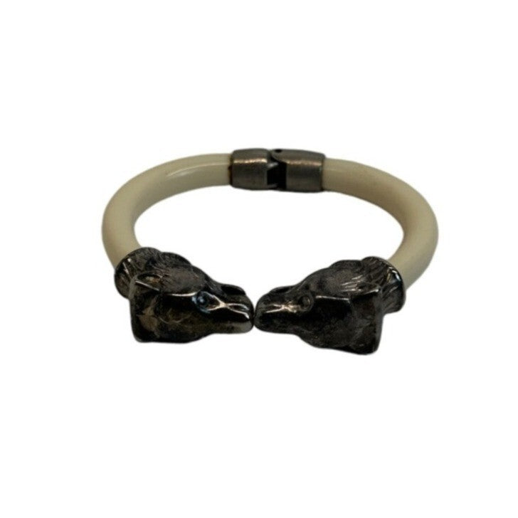 Vtg KIssing Bear Clamp Cuff Silver Tone and White Lucite Bangel Bracelet - 6in