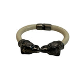 Vtg KIssing Bear Clamp Cuff Silver Tone and White Lucite Bangel Bracelet - 6in
