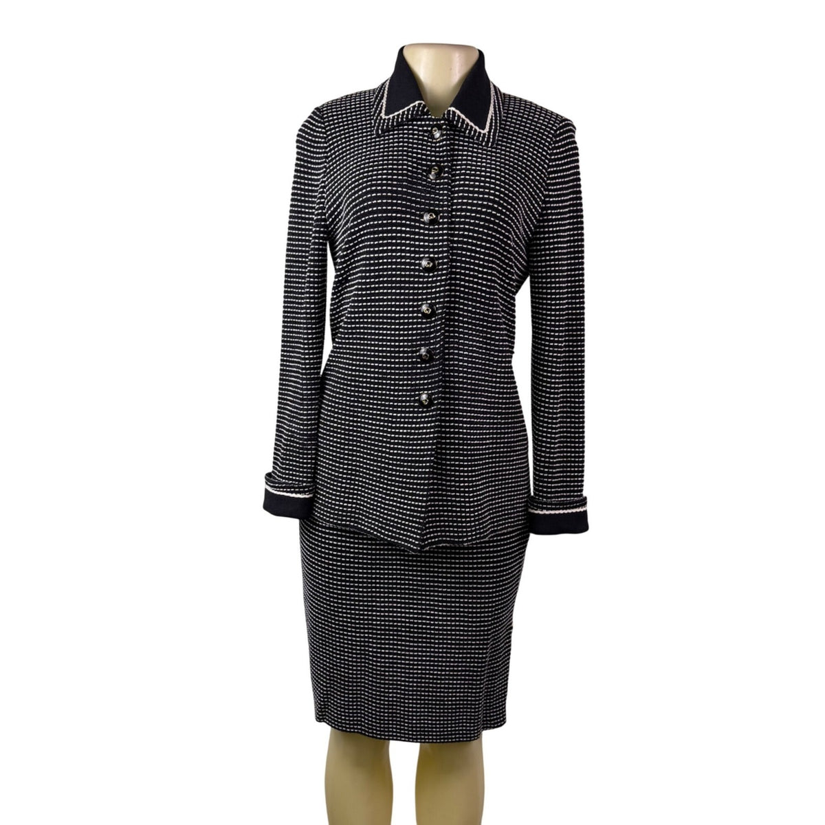 St. John Womens Black Knit Jacket & Skirt Set White Dotted Pattern Size  4 & 6