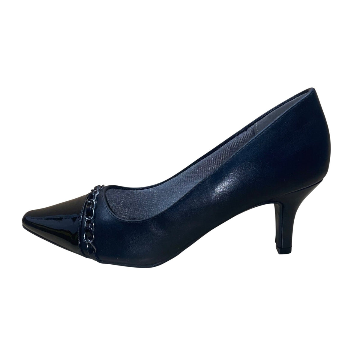 Marbella Women’s Black Chain Accent Pointed Capped Toe Chandler Heels Size 9W