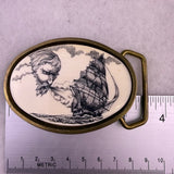 BTS Solid Brass Unisex Oval Belt Buckle Sailing Ship & Wind Motif 1978 USA Made