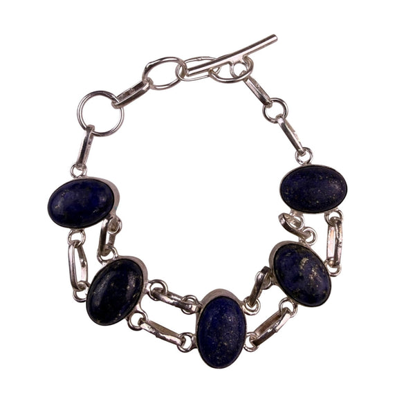 Sterling Silver 925 Womens Blue Lapis Stone Link Bracelet