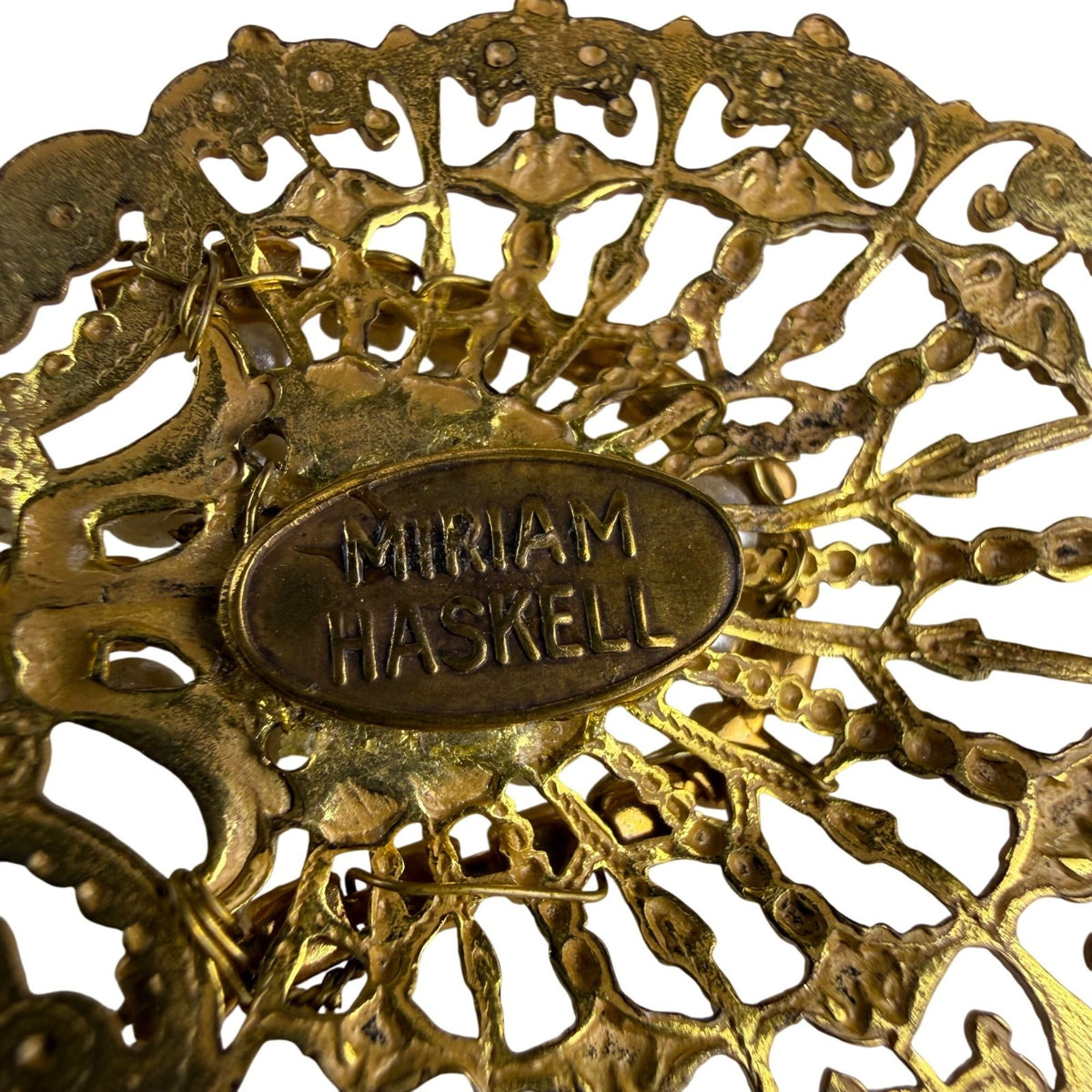 Miriam Haskell Brooch Women Gold Tone Filigree Faux Pearl Rhinestones Oval Desig