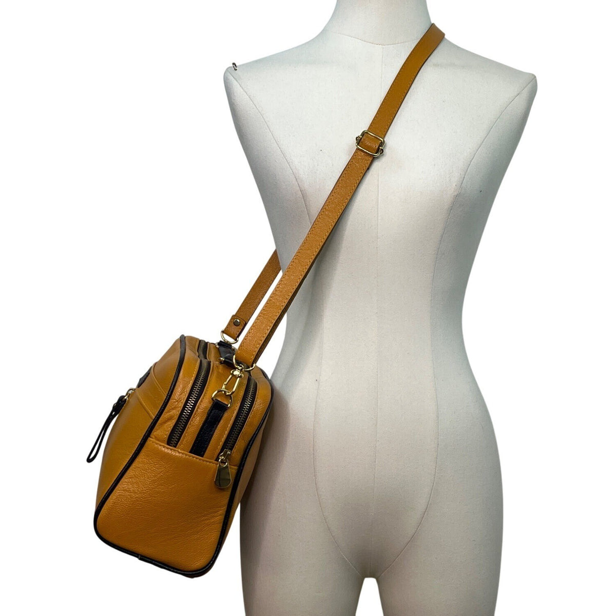 Absolutti Camel Brown & Black Faux Leather & Gold Zipper Crossbody Camera Bag