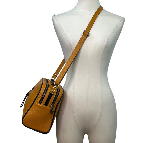 Absolutti Camel Brown & Black Faux Leather & Gold Zipper Crossbody Camera Bag