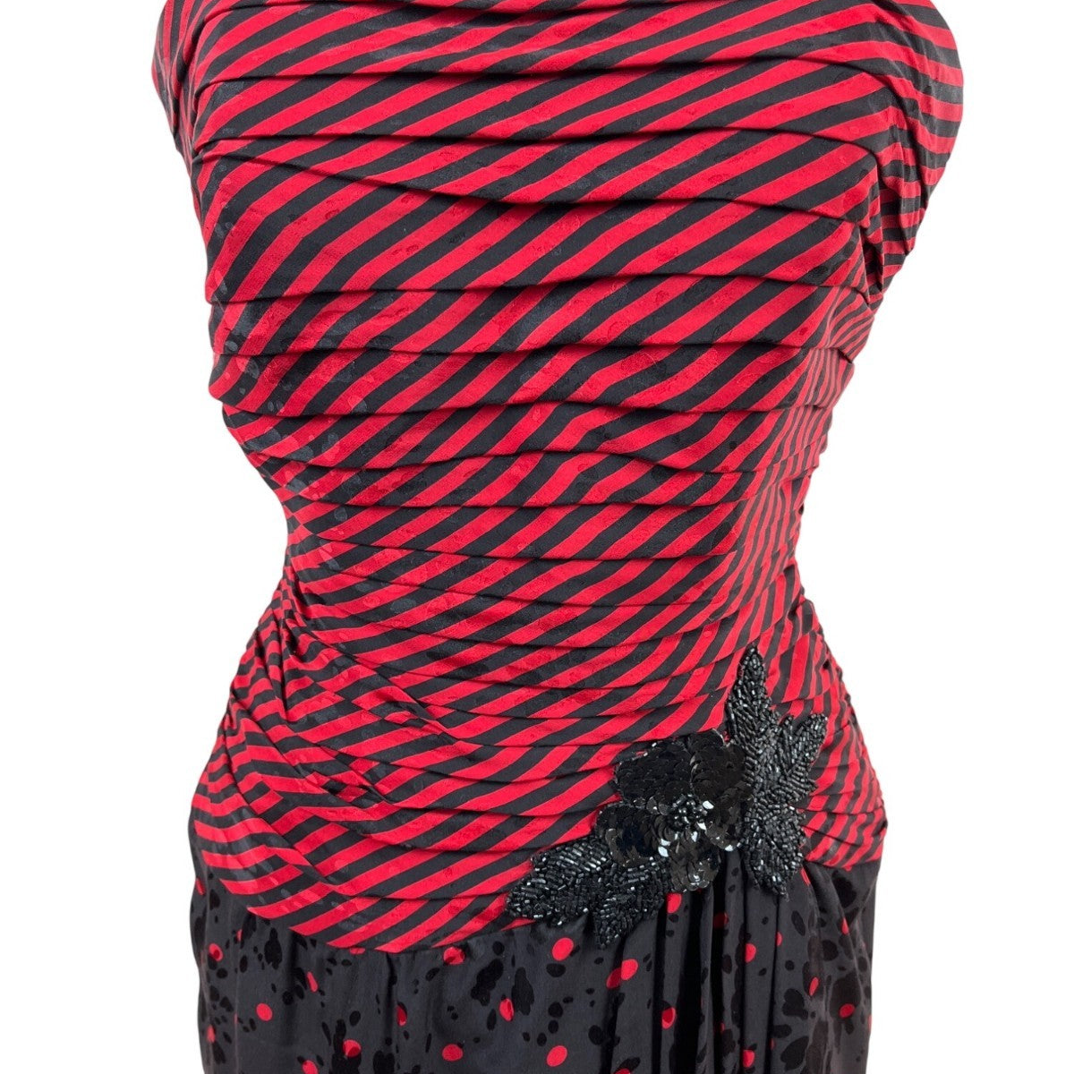 Vintage A.J. Bari Strapless Red & Black Striped Polka Dot Dress Size 4