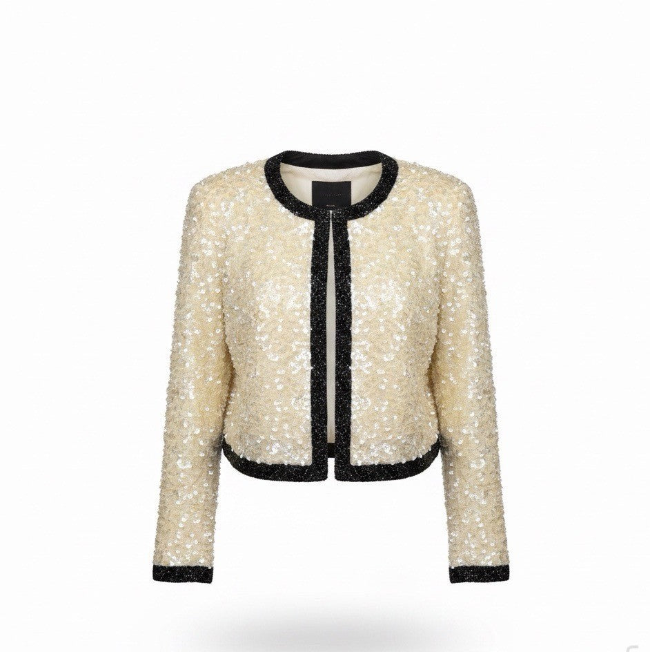 I. Magnin Womens Ivory & Black Silk Beaded Sequin Jacket 100% Silk Lining Size M