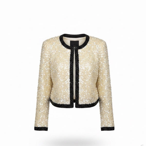 I. Magnin Womens Ivory & Black Silk Beaded Sequin Jacket 100% Silk Lining Size M