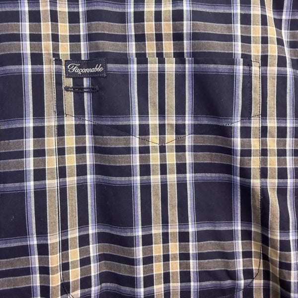 Faconnable Mens Navy & Beige Plaid Button-Up Shirt Casual Fit Size XL