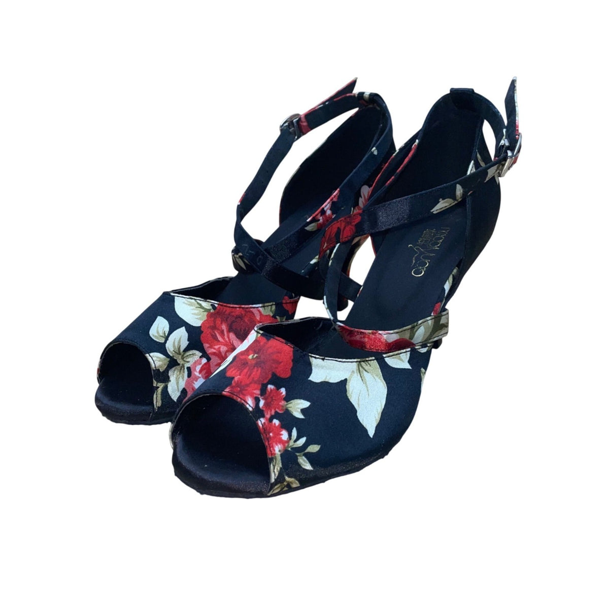 QianYiCowu Women’s Black & Red Floral Satin Peep-Toe Latin Salsa Heels Size 41