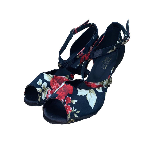 QianYiCowu Women’s Black & Red Floral Satin Peep-Toe Latin Salsa Heels Size 41