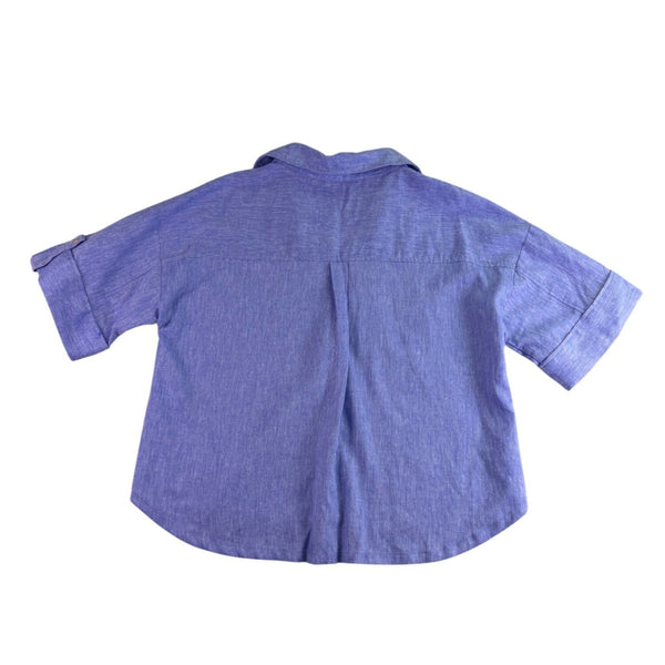 Zara Womens Blue Linen-Blend Collared Button-Up Short Sleeve Shirt Size XS
