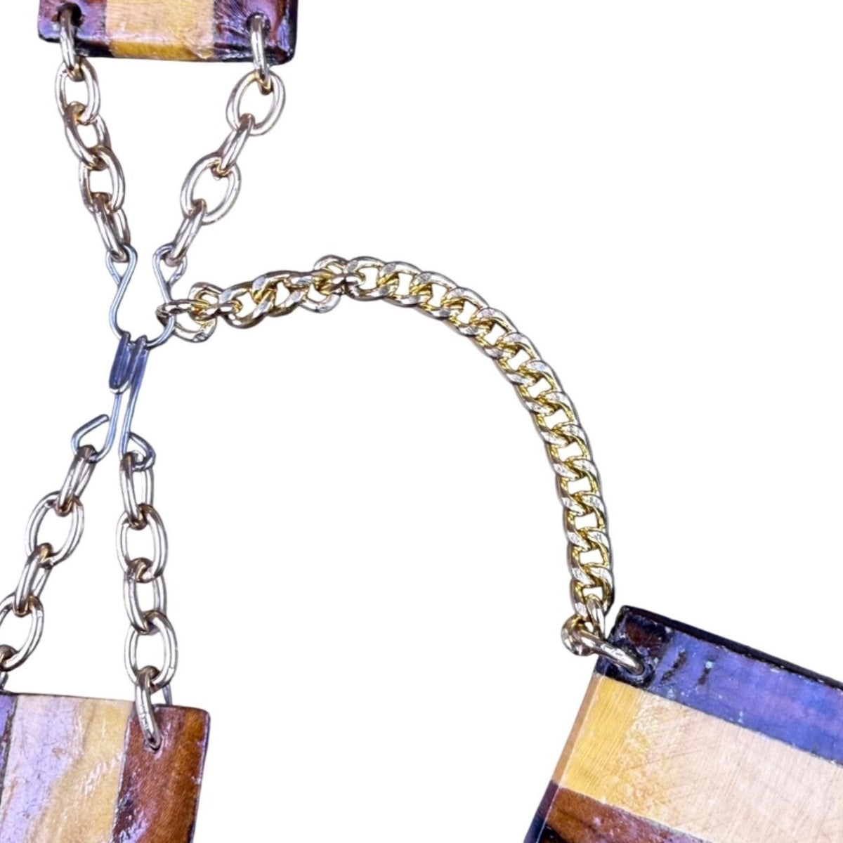 Handcrafted Vintage Wood & Metal Segment Chain Belt Brown/Yellow Unique Design