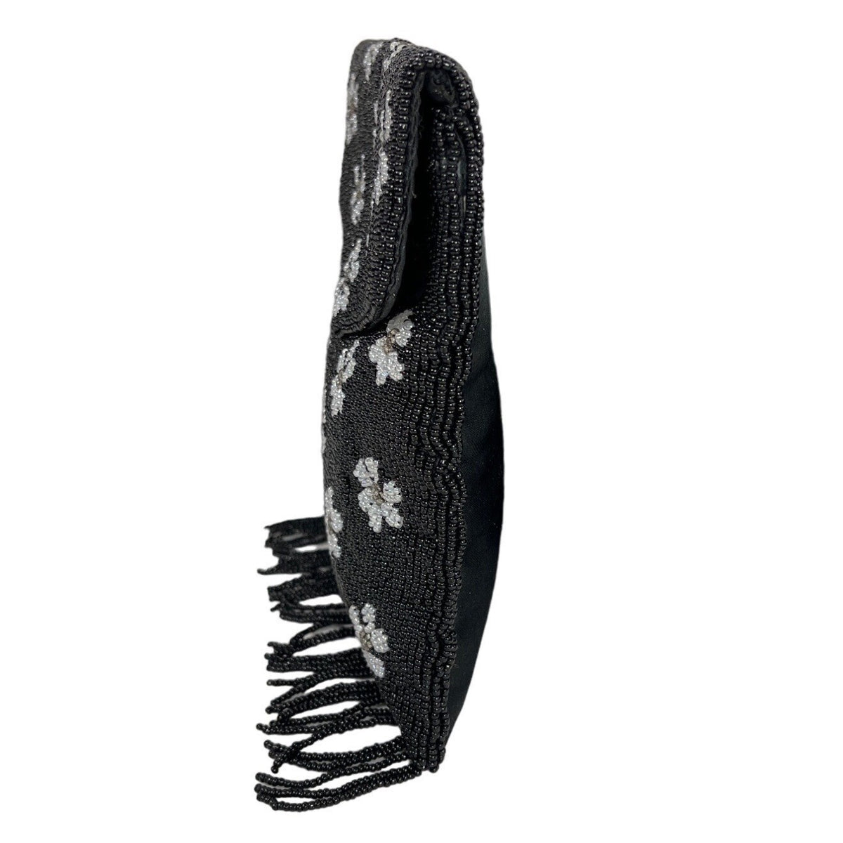 Handcrafted Women's Black Beaded Flowers Pattern Handbag Clutch Sz S