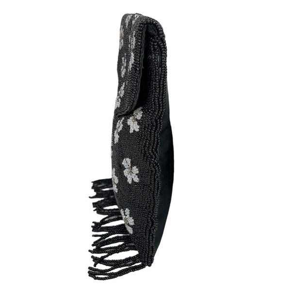 Handcrafted Women's Black Beaded Flowers Pattern Handbag Clutch Sz S