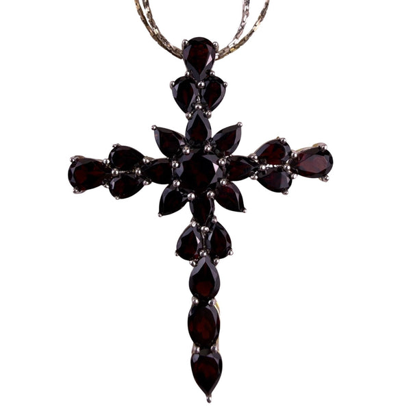 Sterling Silver Womens Garnet Gemstone Cross Pendant Necklace Vintage 925