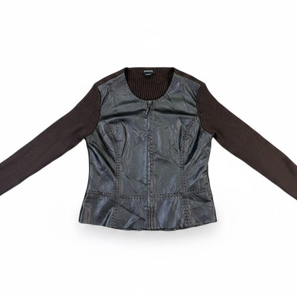 George Ladies Black Faux Leather & Knit Jacket With Zip Front Size L