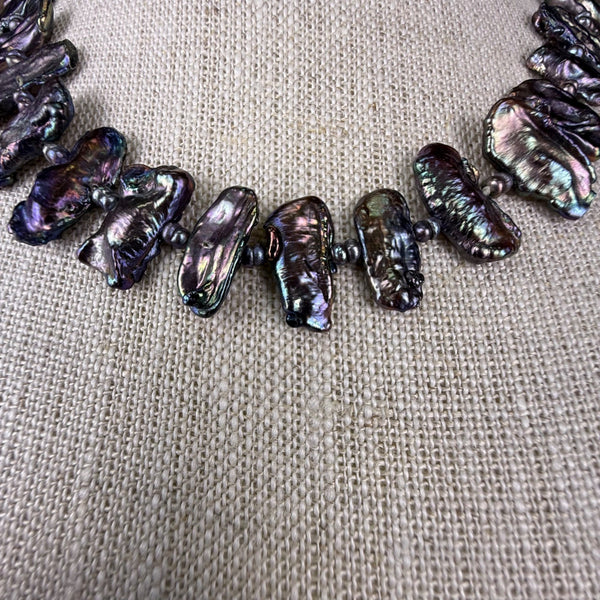 Vintage Freshwater Iridescent Black Pearl Necklace Silver Tone Spacer Beads Magn