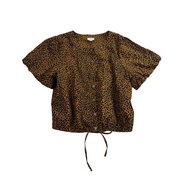 J.Crew Womens Brown Leopard Print Button Down Puff Sleeve Blouse Size L