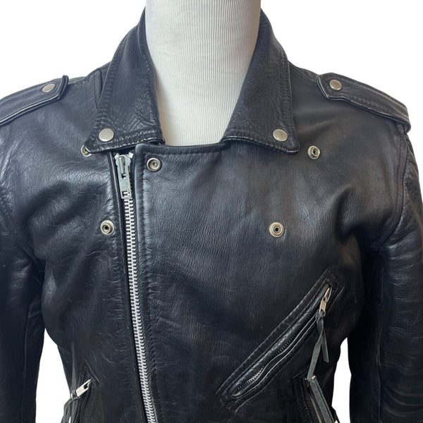 Vintage First Genine Leather Black Motorcycle Jacket With Zipper & Snap Details